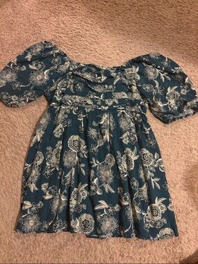 Maurices Teal Floral Puff-Sleeve Mini Dress with Cream Print